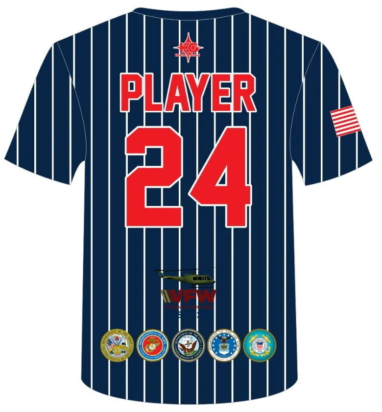 Navy pinstripe Bombers jersey, back