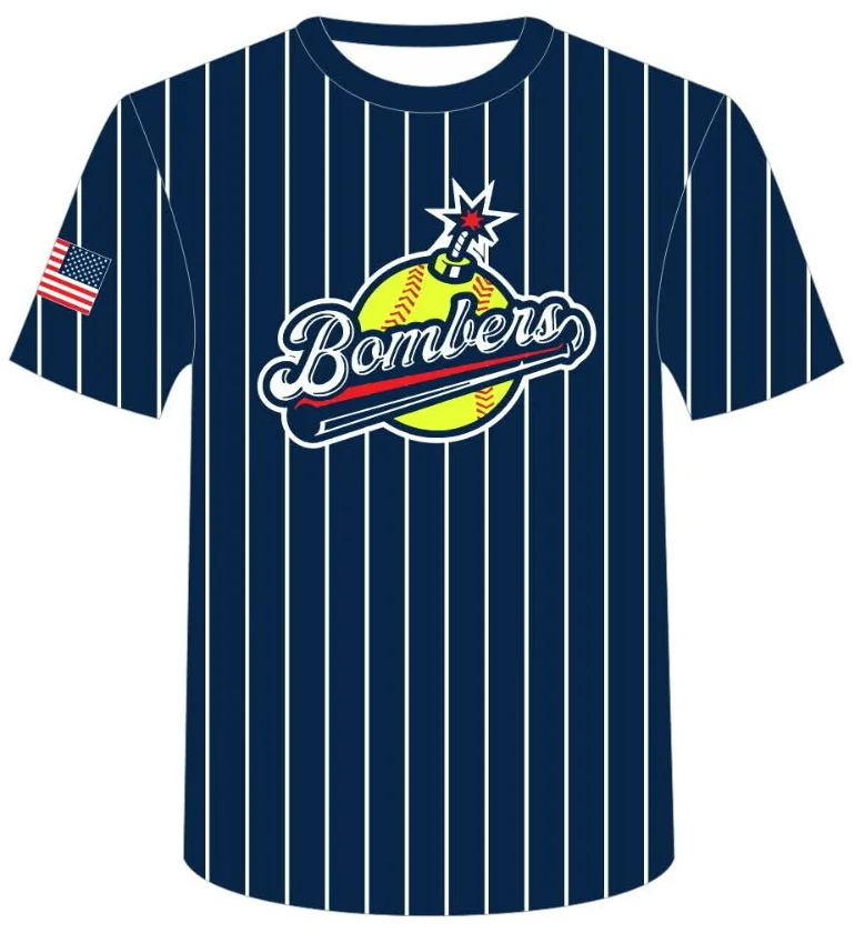 Navy pinstripe Bombers jersey, front